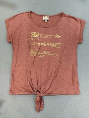 Tru Self Women's Rust Short Sleeve Tie-Front Tee with Gold Arrow Print L